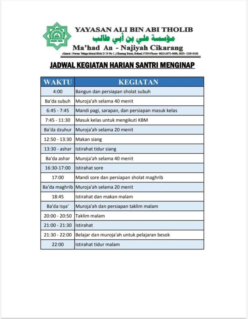 Jadwal Kegiatan Santri Menginap Ma'had An Najiyah Tahun Ajaran 2026-2027.